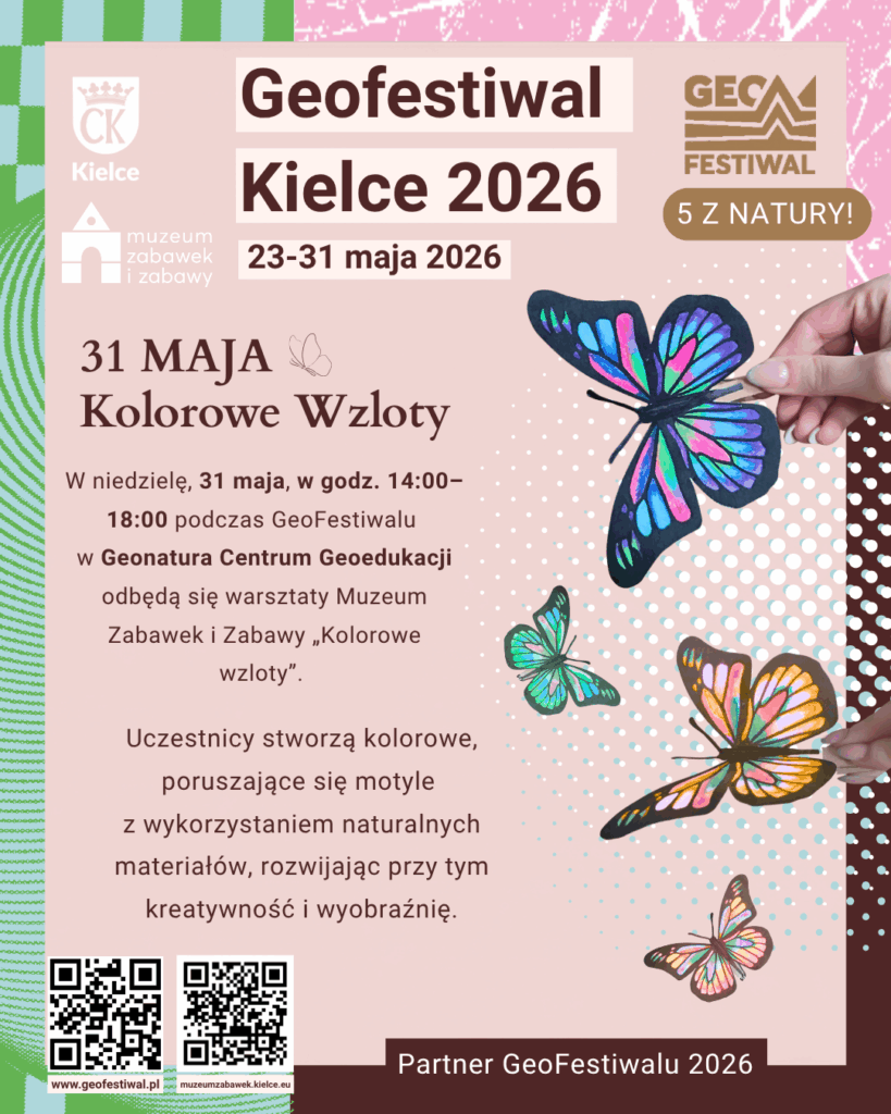 Geofestiwal. Miasto Kielce. Muzeum Zabawek i Zabawy. Motyle. Warsztaty.