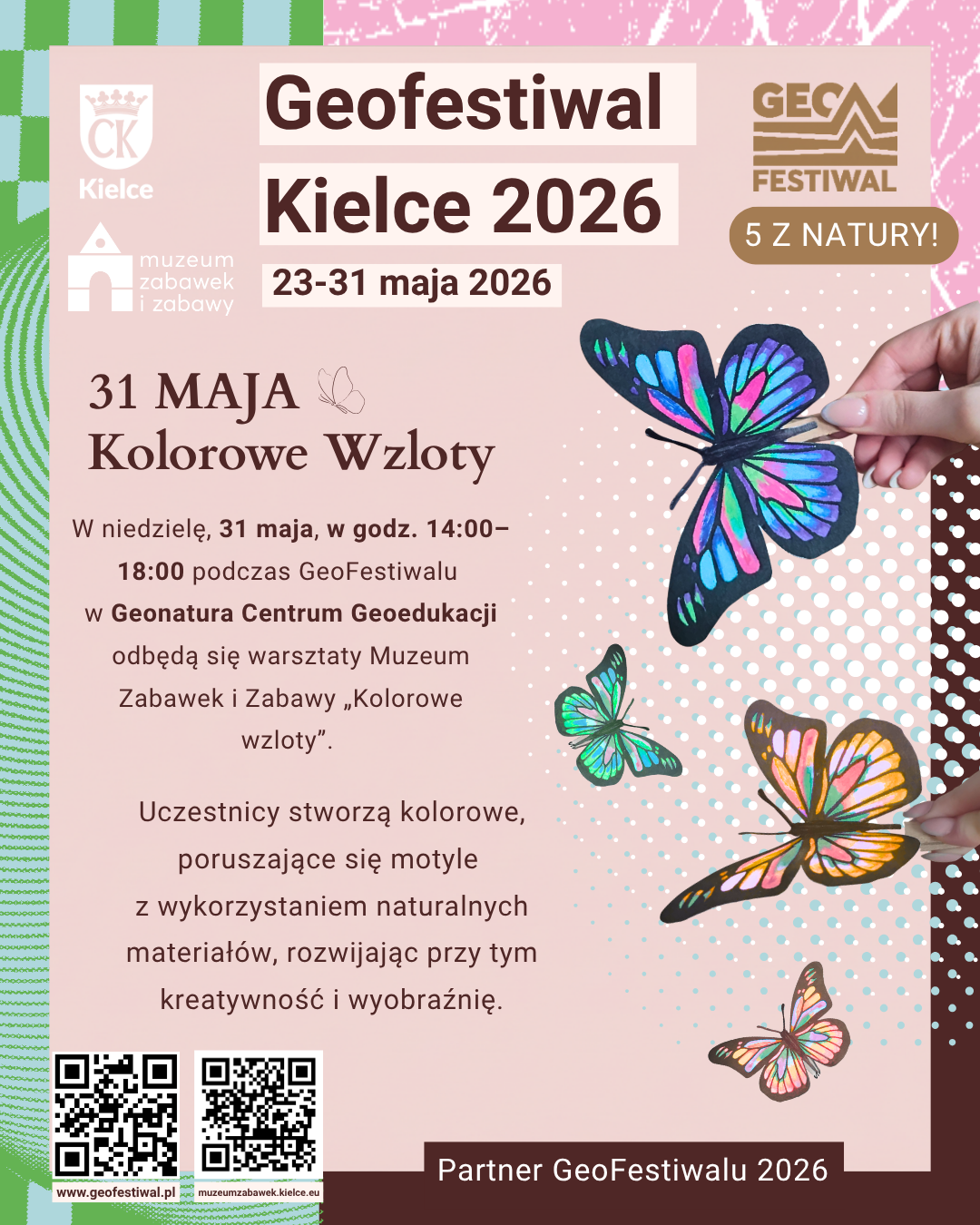 Geofestiwal. Miasto Kielce. Muzeum Zabawek i Zabawy. Motyle. Warsztaty.
