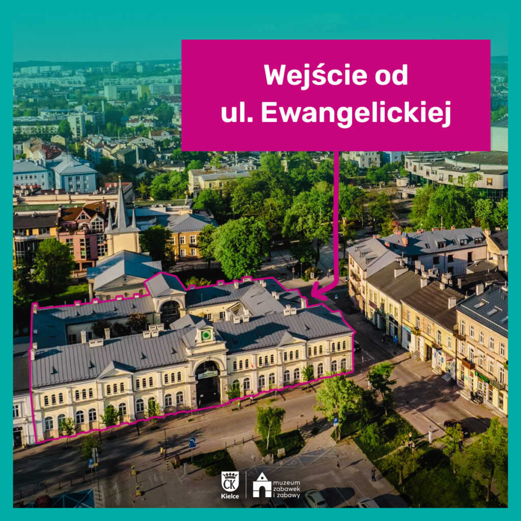 Zdjęcie Muzeum Zabawek i Zabawy ze strzałką wskazującą wejście od strony ul. Ewangelickiej.