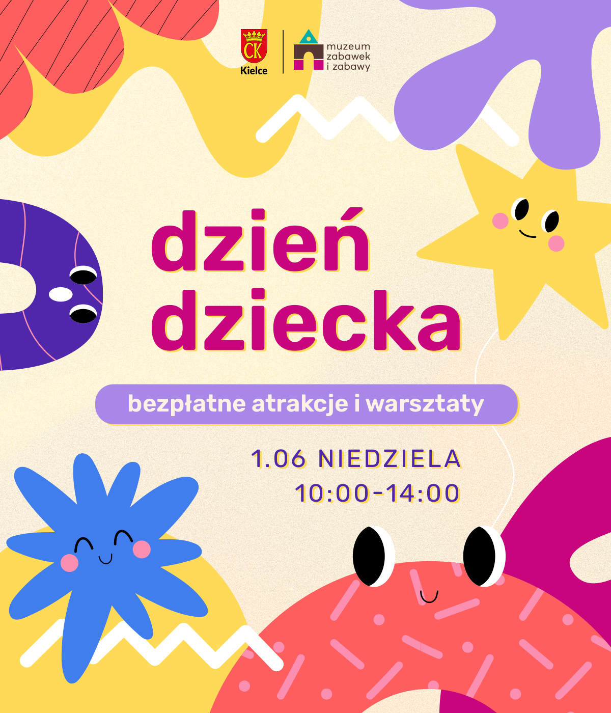 Kolorowy plakat Dnia Dziecka w Muzeum Zabawek i Zabawy 1 czerwca 2025 roku.