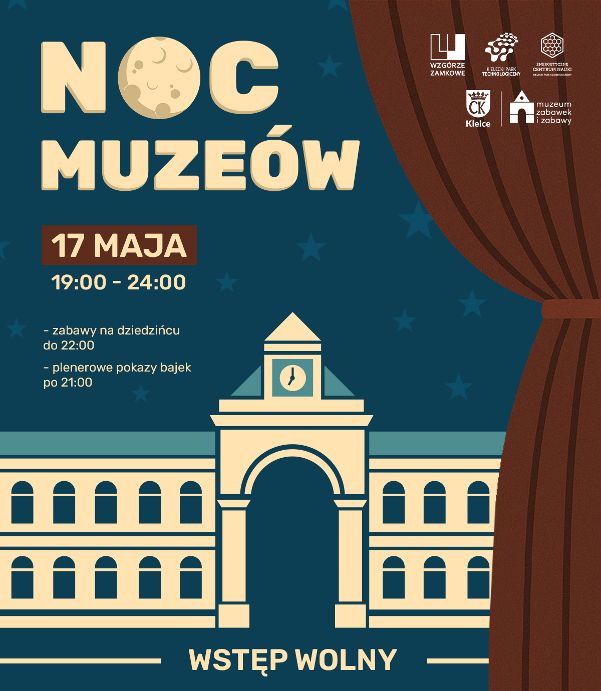 Plakat Nocy Muzeów 17 maja o godzinie 19:00 w Muzeum Zabawek i Zabawy w Kielcach.