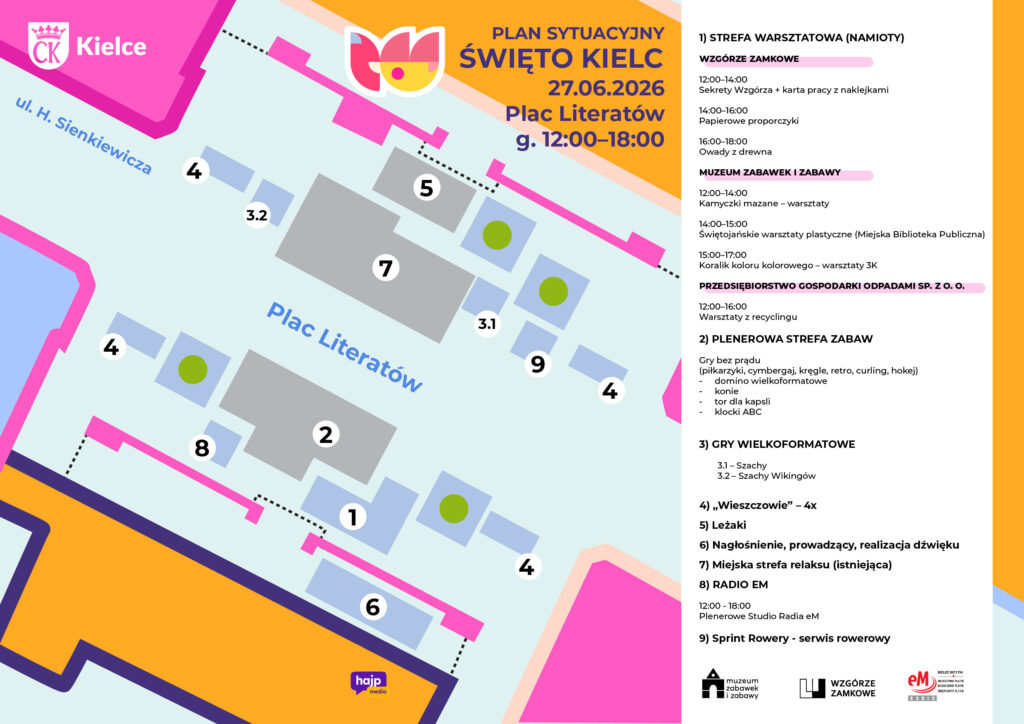 Święto Kielc. Miasto Kielce. Mapa. Mapa Kielc. Ulica Sienkiewicza. Legenda. Warsztaty.